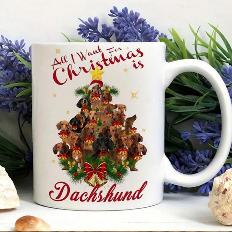 Tailorly White Ceramic 11 oz Mug - All I Want For Christmas Is Dachshund Festive Christmas Tree Shape Composed Of Many Small Dog Portraits Dachshund