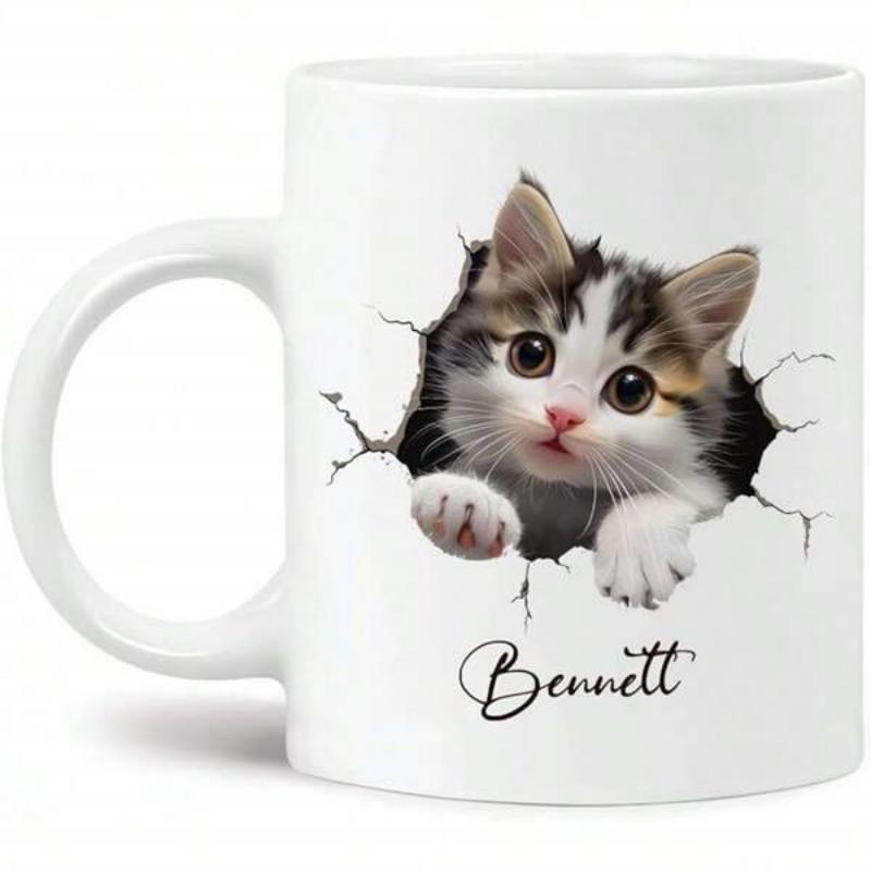 Tailorly White Ceramic 11 oz Mug - Bennett Adorable Fluffy Baby Cat Peeking Through A Realistic Cracked Wall Kitten