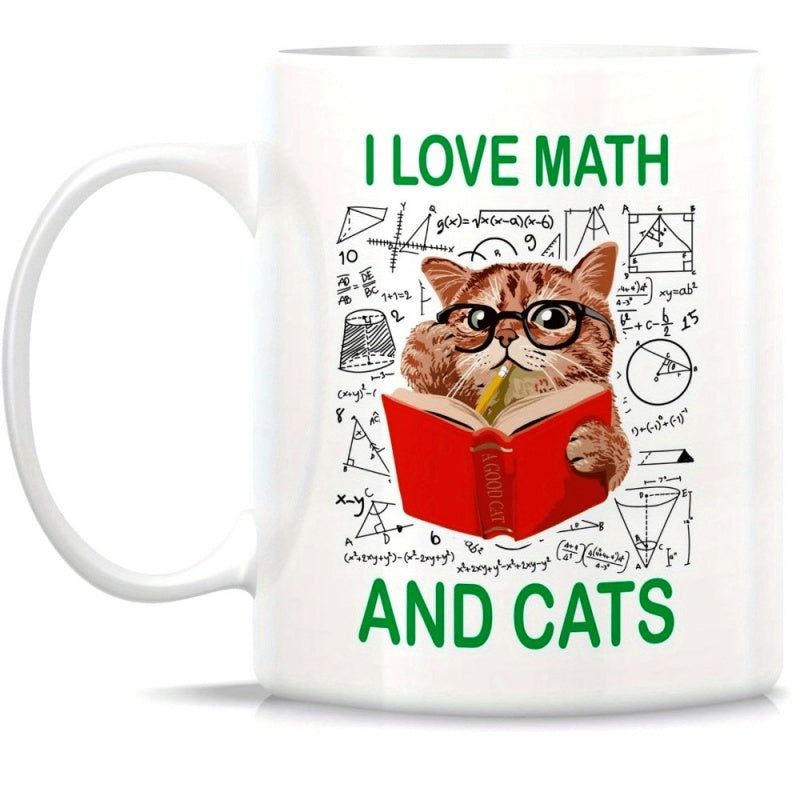 Tailorly White Ceramic 11 oz Mug - I Love Math And Cats Studious Tabby Wearing Glasses Reading Book Amidst Mathematical Formulas Cat
