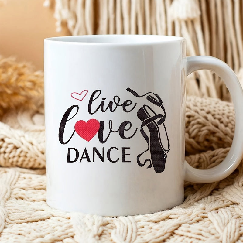 Tailorly White Ceramic 11 oz Mug - Live Love Dance Elegant Ballet Ribbons Flowing Around Delicate Artistic Hearts And Classic Professional Pointe Shoe