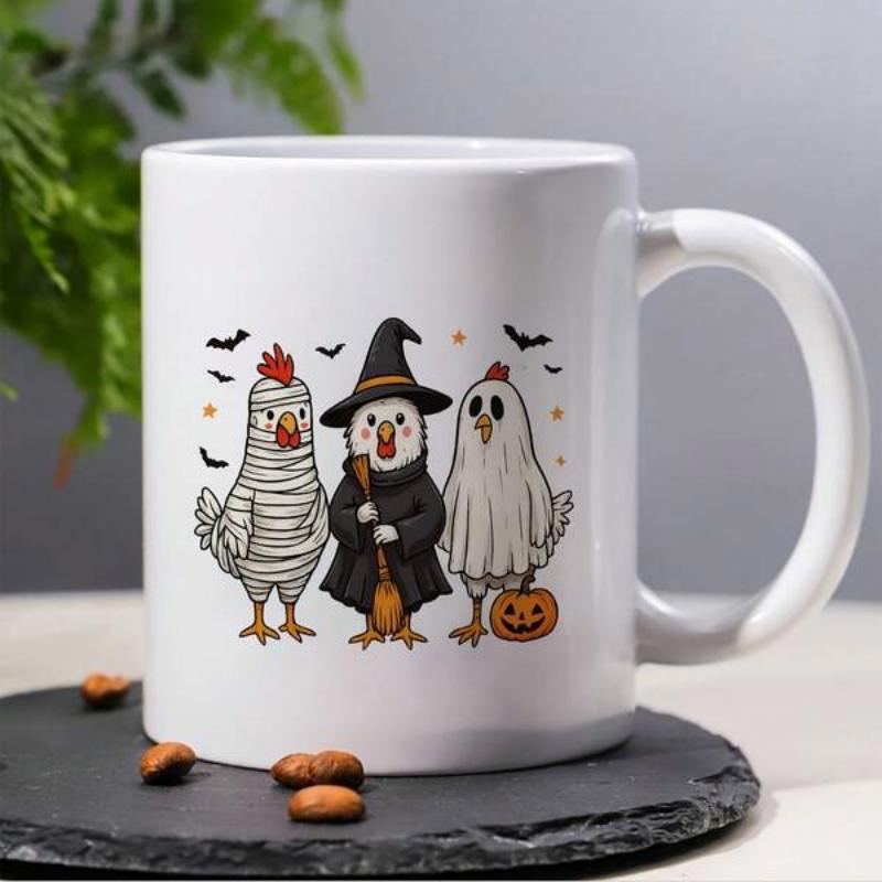 Tailorly White Ceramic 11 oz Mug - Three Whimsical Chickens Dressed In Halloween Costumes Holding A Pumpkin Chicken
