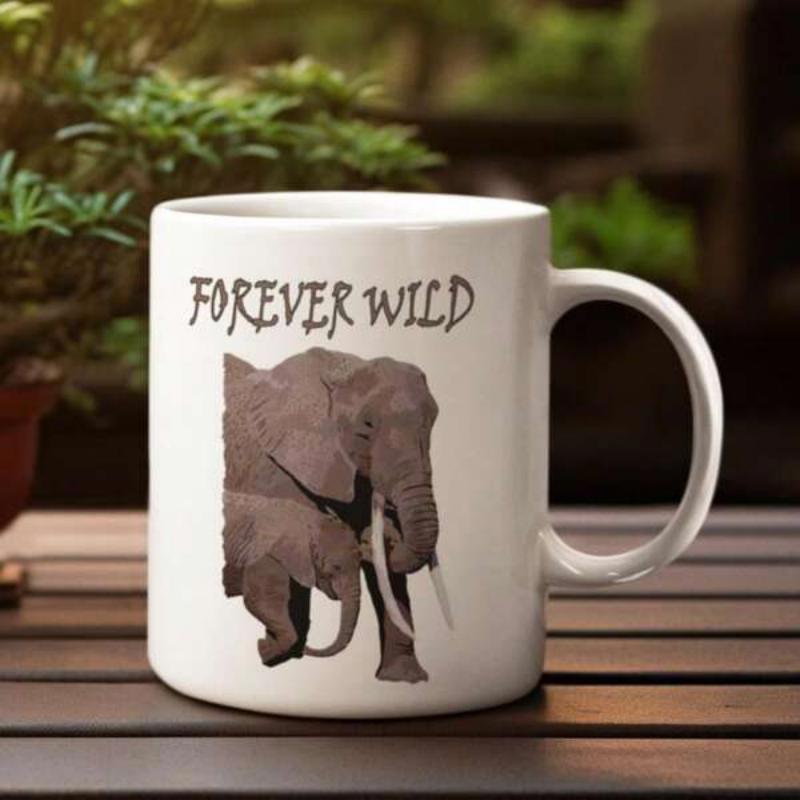 Tailorly White Ceramic 11 oz Mug - Forever Wild Majestic Tusked Metal Silhouette Walking In Geometric Artistic Savannah Style Elephant