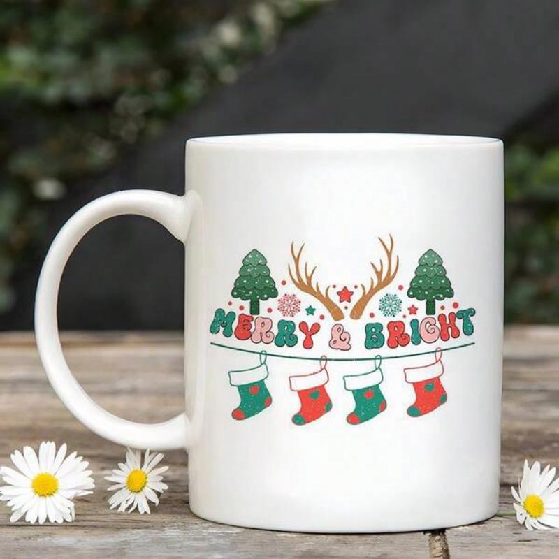 Tailorly White Ceramic 11 oz Mug - Merry Bright Festive Reindeer Antlers With Hanging Stockings And Tiny Snowy Trees Mug