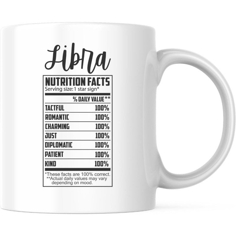 Tailorly White Ceramic 11 oz Mug - Libra Nutrition Facts Minimalist Black Text Layout Detailing Personality Traits In A Structured Table Libra