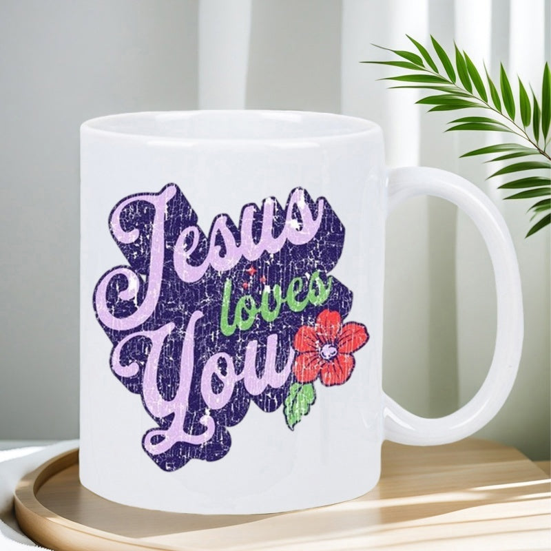 Tailorly White Ceramic 11 oz Mug - Jesus Loves You Retro Purple Textured Background With A Small Red Flower