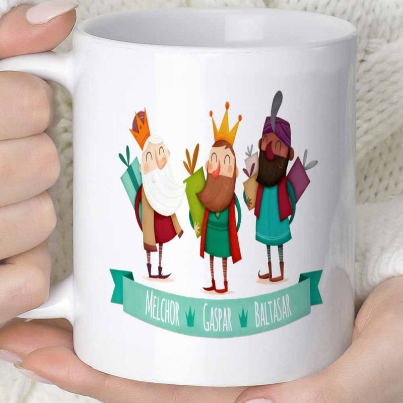 Tailorly White Ceramic 11 oz Mug - Melchor Gaspar Baltasar Three Cartoon Wise Men Carrying Gifts Under Crowns King