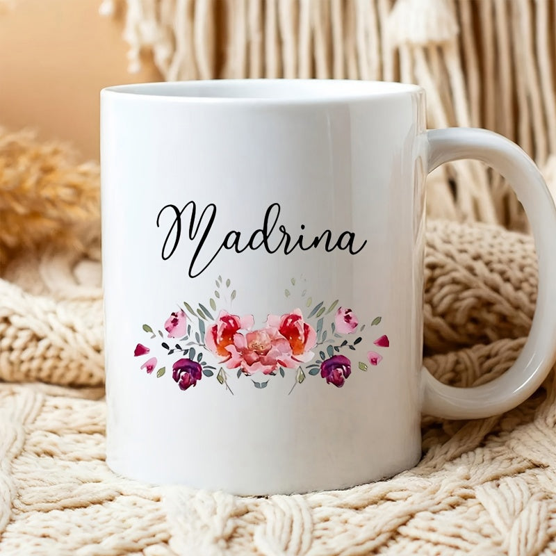 Tailorly White Ceramic 11 oz Mug - Madrina Elegant Watercolor Arrangement With Soft Pink And Purple Petals Flower