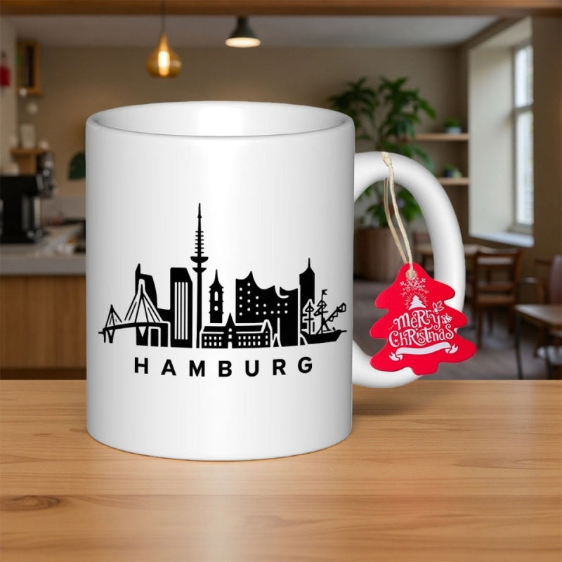Tailorly White Ceramic 11 oz Mug - Hamburg Black Urban Landmarks Silhouette Against Clean White Backdrop Skyline