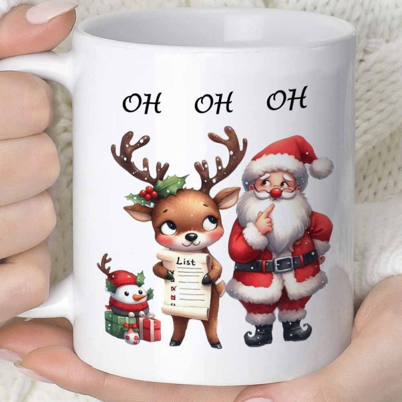 Tailorly White Ceramic 11 oz Mug - Oh Oh Oh Cute Reindeer Holding Checklist Standing Beside Thinking Santa