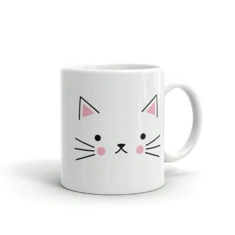Tailorly White Ceramic 11 oz Mug - Minimalist Cute Cartoon Animal Face With Pink Cheeks And Whiskers Cat