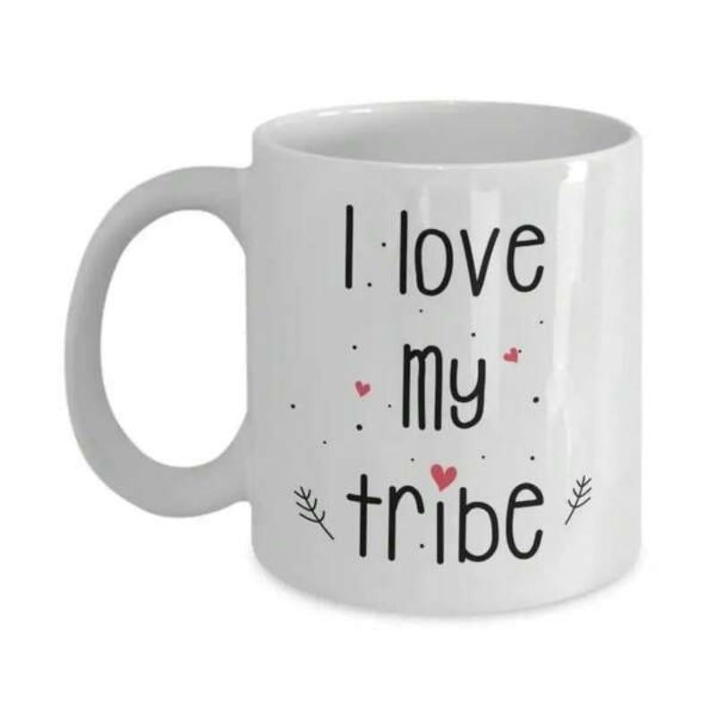 Tailorly White Ceramic 11 oz Mug - I Love My Tribe Tiny Red Hearts And Small Delicate Branches Around Centered Text Mug
