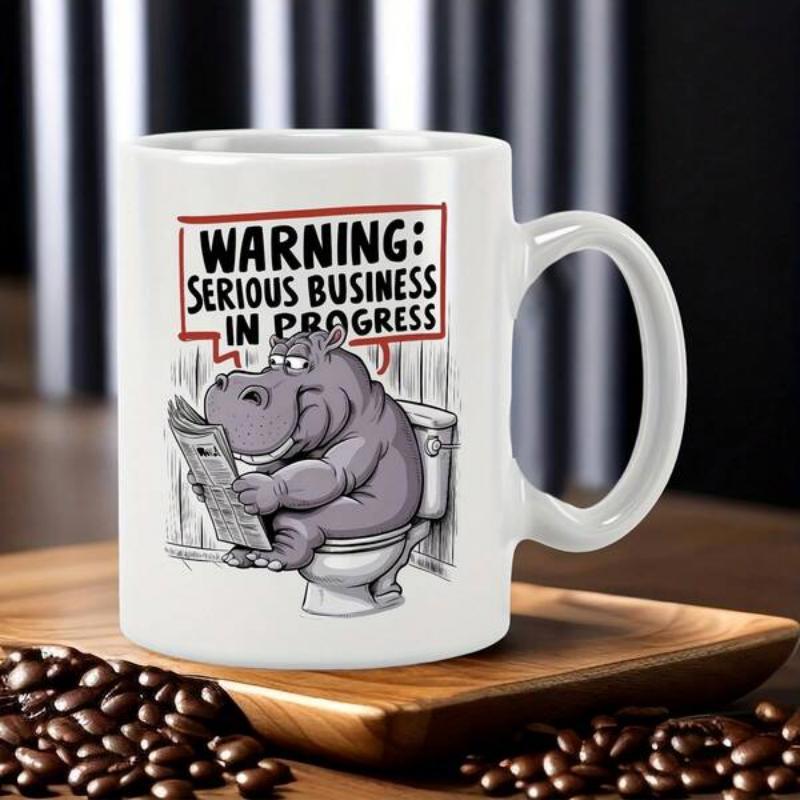 Tailorly White Ceramic 11 oz Mug - Warning Serious Business In Progress Humorous Cartoon Hippo Reading A Newspaper On A Toilet Hippo