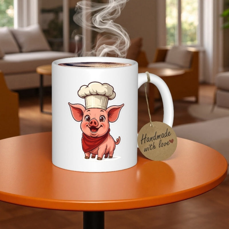 Tailorly White Ceramic 11 oz Mug - Handmade With Love Adorable Smiling Animal Wearing White Culinary Hat And Red Scarf Pig