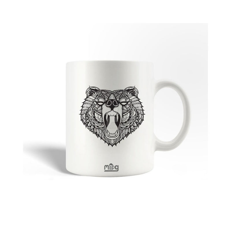 Tailorly White Ceramic 11 oz Mug - Mug Intricate Geometric Patterns Forming A Fierce Roaring Wild Forest Bear