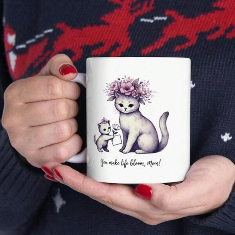 Tailorly White Ceramic 11 oz Mug - You Make Life Bloom Mom Charming Mother And Baby Kittens Wearing Floral Crown In Soft Watercolor Style Cat