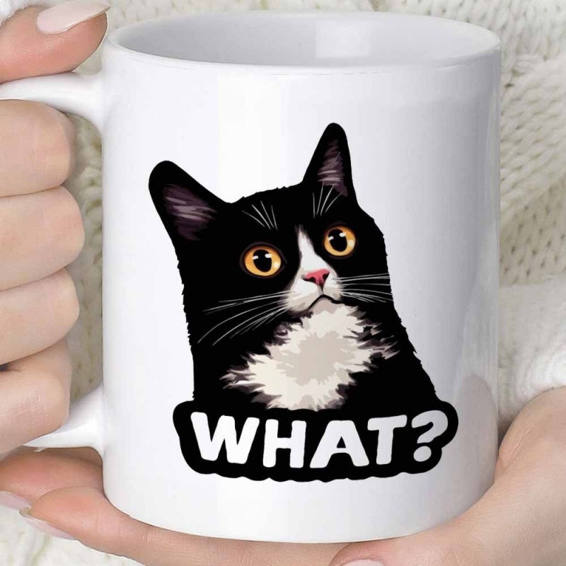 Tailorly White Ceramic 11 oz Mug - What Curious Tuxedo Cat With Large Golden Eyes Looking Surprised Expression Cat