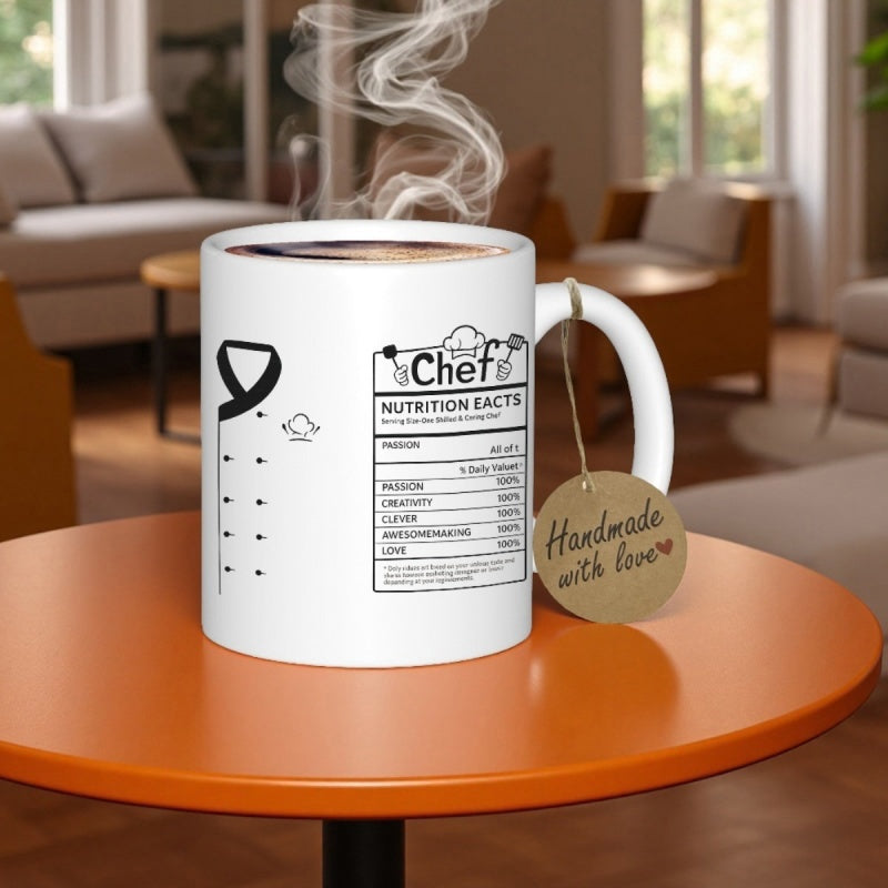 Tailorly White Ceramic 11 oz Mug - Chef Nutrition Facts Minimalist Black Chef Uniform Details With Nutritional Label