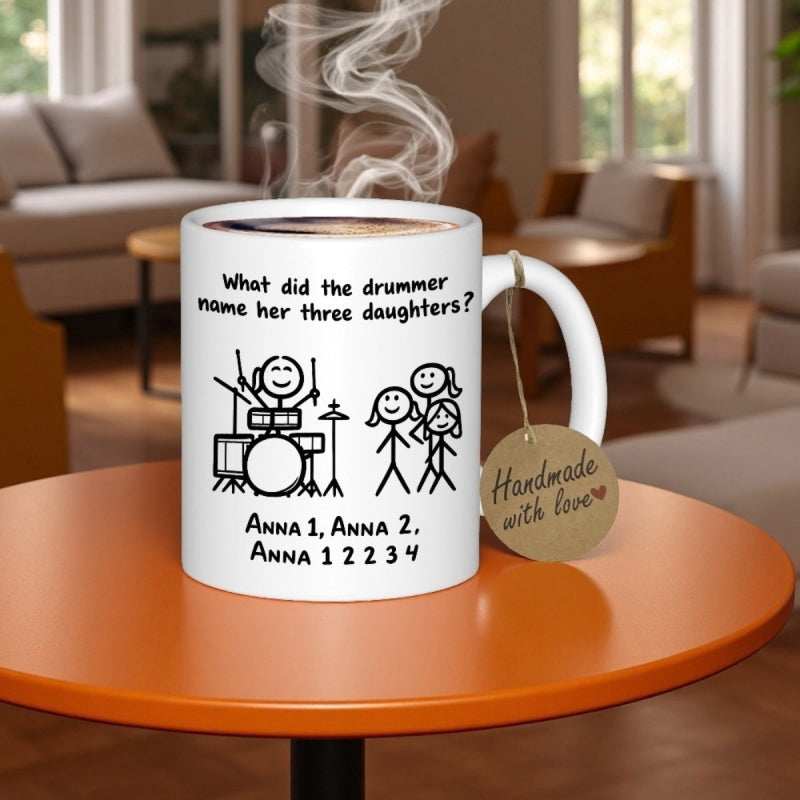 Tailorly White Ceramic 11 oz Mug - What Did The Drummer Name Her Three Daughters Anna 1 Anna 2 Anna 1 2 3 4 Minimalist Black Ink Stick Figure Scene Featuring