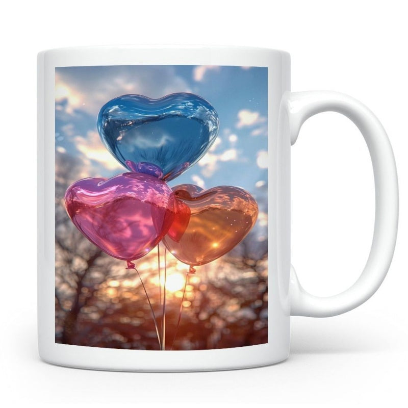 Tailorly White Ceramic 11 oz Mug - Three Vibrant Heart Shaped Balloons Floating Against A Sunset Backdrop Balloons