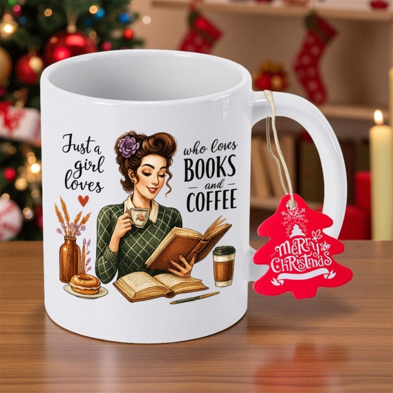 Tailorly White Ceramic 11 oz Mug - Just A Girl Who Loves Books And Coffee Elegant Lady Reading Books While Enjoying Warm Beverages And Snacks Woman