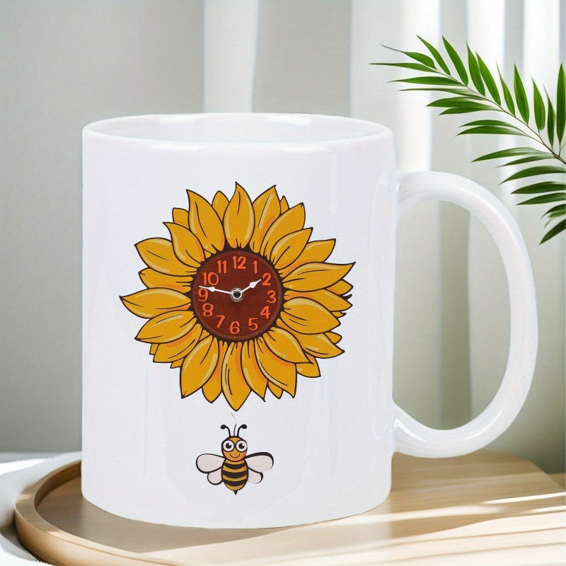 Tailorly White Ceramic 11 oz Mug - Vibrant Yellow Petals With Integrated Clock Face And Tiny Flying Bumblebee Sunflower