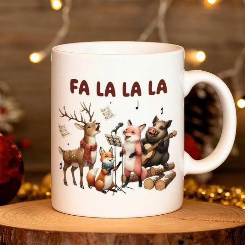 Tailorly White Ceramic 11 oz Mug - Fa La La La La Whimsical Forest Animals Singing Christmas Carols With Music Notes Animals