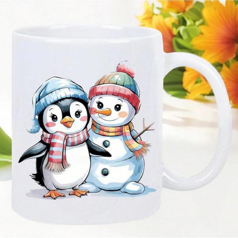 Tailorly White Ceramic 11 oz Mug - Adorable Illustration Of Cute Penguin Standing Beside Happy Winter Snowman