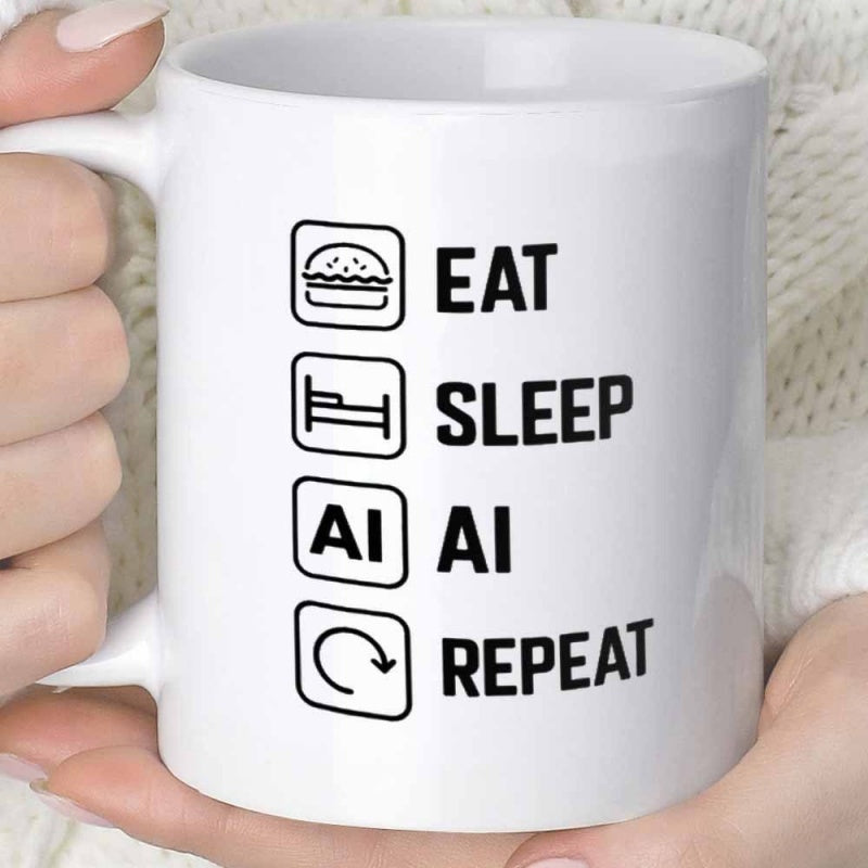 Tailorly White Ceramic 11 oz Mug - Eat Sleep AI Repeat Minimalist Lifestyle Icons Arranged Vertically With Bold Typography Design