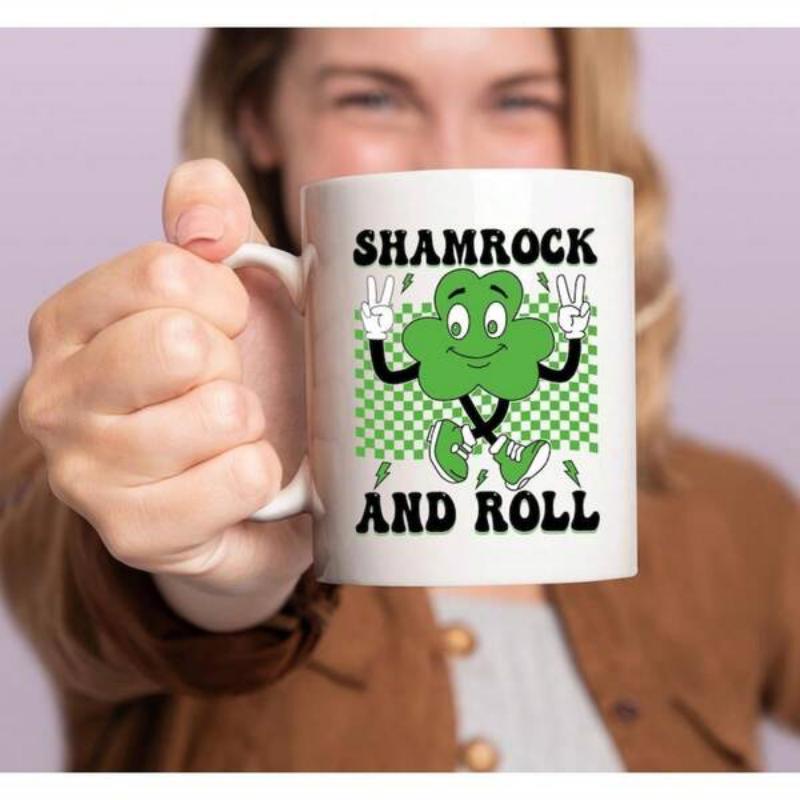 Tailorly White Ceramic 11 oz Mug - Shamrock And Roll Smiling Cartoon Character Dancing Among Small Floating Leaves With Checkered Pattern Shamrock