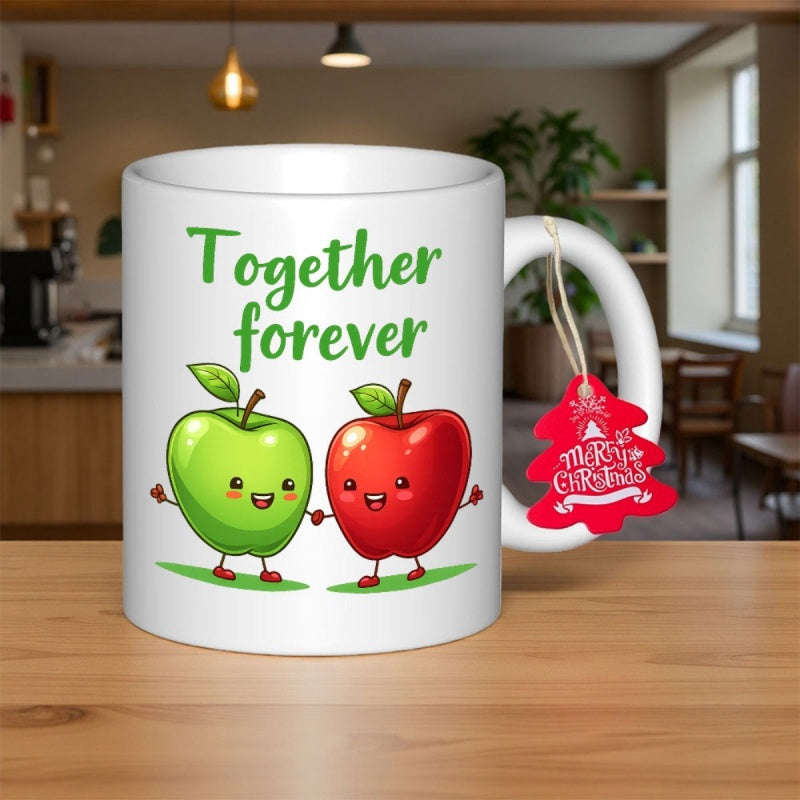 Tailorly White Ceramic 11 oz Mug - Together Forever Two Cute Smiling Apples Holding Hands On Lush Green Grass Apple