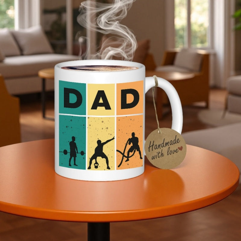 Tailorly White Ceramic 11 oz Mug - Dad Vintage Style Vertical Panels With Three Powerful Male Fitness Silhouettes Mug