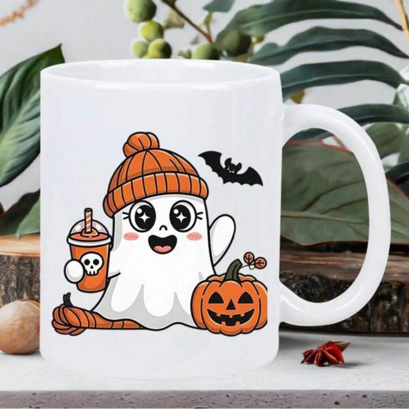 Tailorly White Ceramic 11 oz Mug - Adorable Small Ghost Wearing Orange Beanie Holding Festive Coffee Ghost
