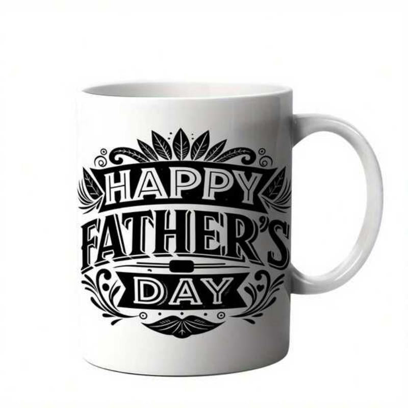 Tailorly White Ceramic 11 oz Mug - Happy Fathers Day Vintage Retro Style Ribbon With Elegant Leaves And Classic Mustache Emblem