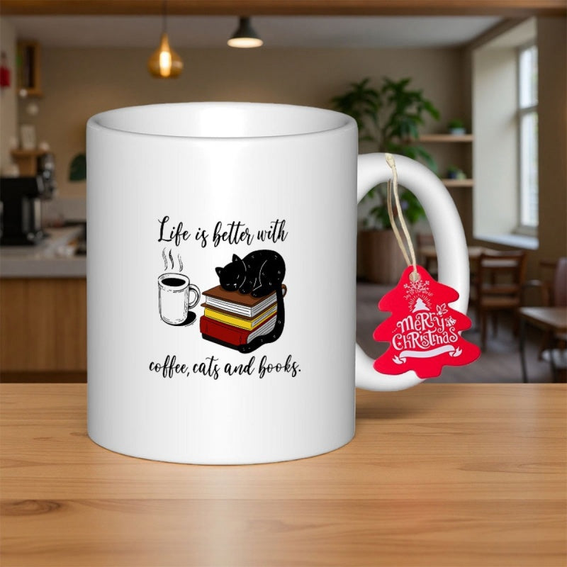 Tailorly White Ceramic 11 oz Mug - Life Is Better With Coffee Cats And Books Sleeping Black Cat Resting On Colorful Books Beside Steaming Hot Coffee Cat