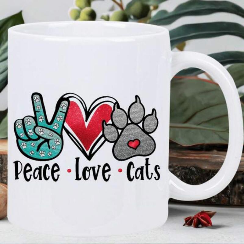 Tailorly White Ceramic 11 oz Mug - Peace Love Cats Artistic Hand Sign Red Heart And Textured Grey Feline Paw