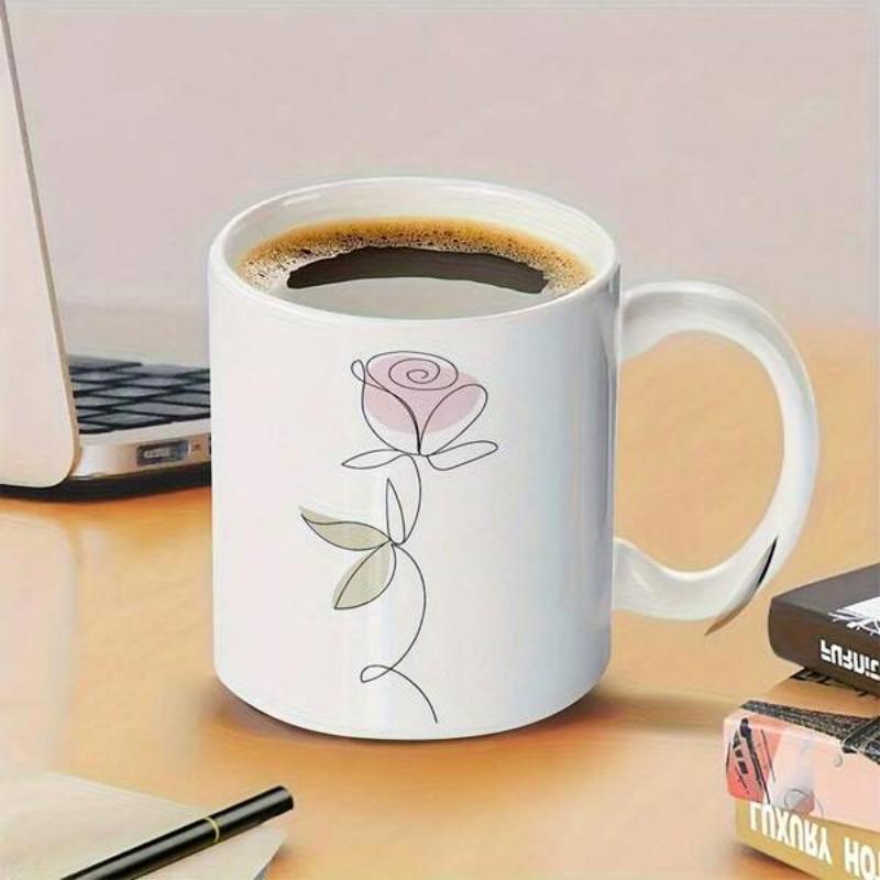 Tailorly White Ceramic 11 oz Mug - Minimalist Artistic Single Line Drawing Featuring Soft Pink Petals And Green Leaf Rose