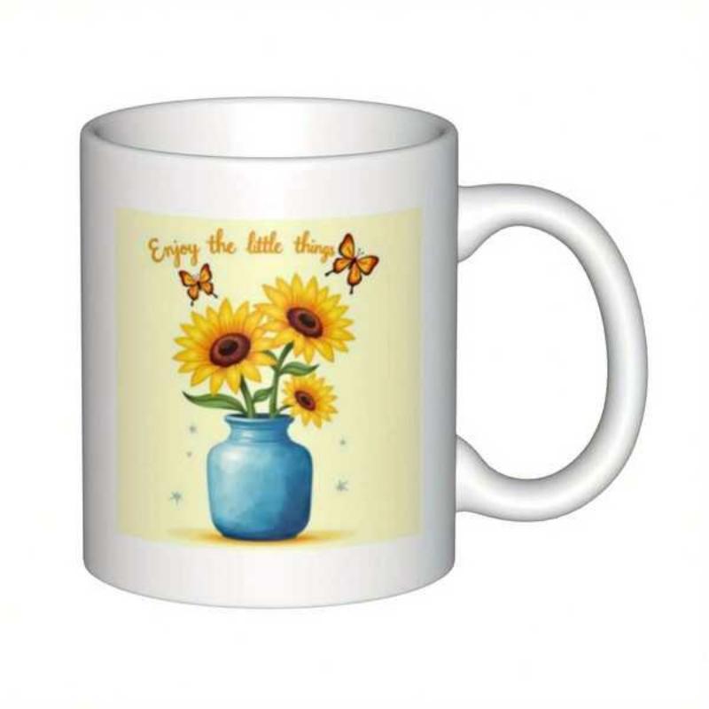 Tailorly White Ceramic 11 oz Mug - Enjoy The Little Things Beautiful Sunflowers Blooming In Blue Ceramic Vase With Fluttering Butterflies Sunflower