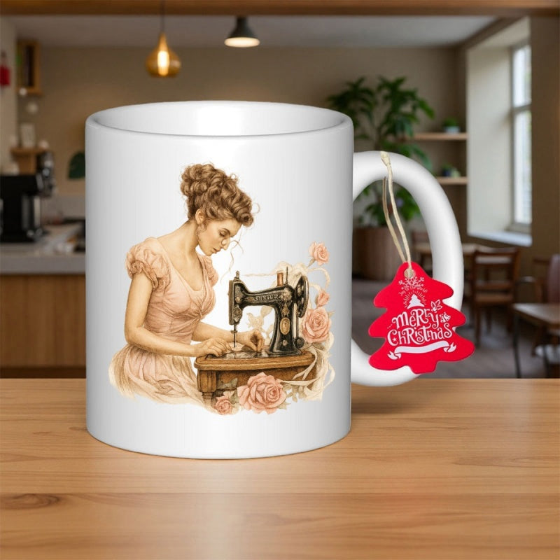 Tailorly White Ceramic 11 oz Mug - Merry Christmas Vintage Style Woman Using Classical Sewing Machine Among Elegant Pink Roses Seamstress