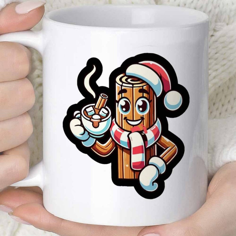 Tailorly White Ceramic 11 oz Mug - Festive Cartoon Character Wearing Striped Scarf And Santa Hat Holding Cocoa Cinnamon Stick
