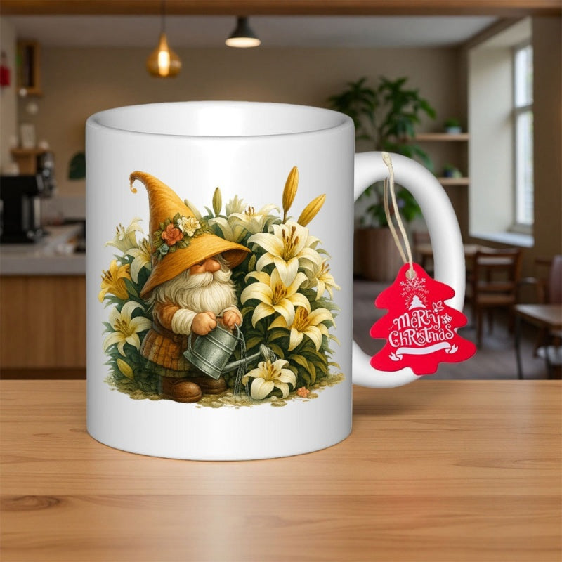 Tailorly White Ceramic 11 oz Mug - Merry Christmas Adorable Garden Gnome With Yellow Hat Watering Beautiful White Lilies Gnome