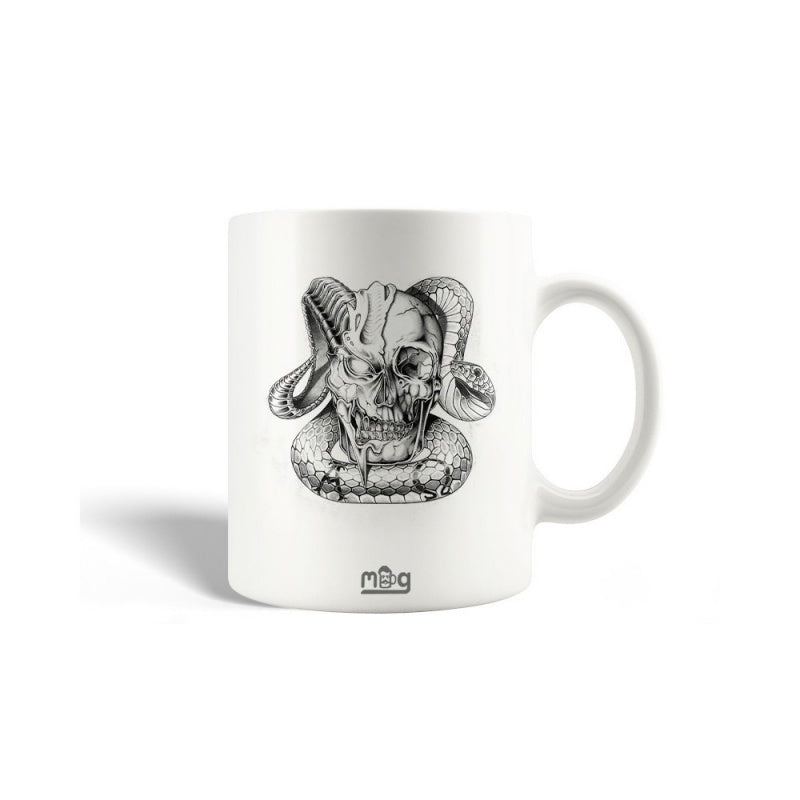 Tailorly White Ceramic 11 oz Mug - Mug Intricate Gothic Illustration Featuring A Cracked Head With Curved Ram Horns Skull