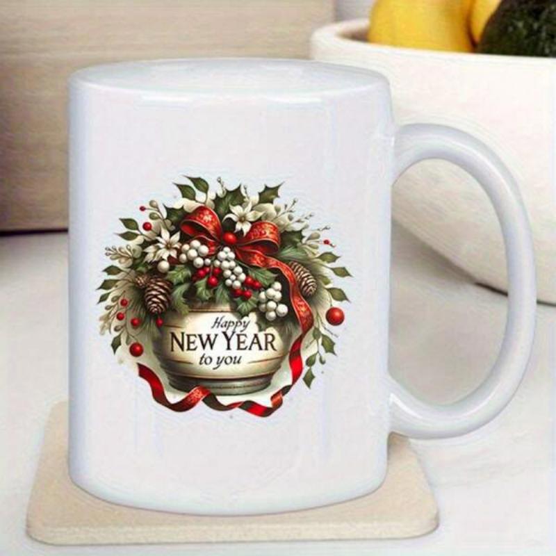 Tailorly White Ceramic 11 oz Mug - Happy New Year To You Festive Arrangement With Red Ribbons Pinecones And Holly Leaves Wreath