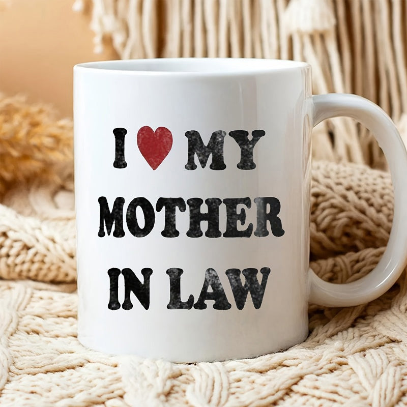 Tailorly White Ceramic 11 oz Mug - I Love My Mother In Law Distressed Vintage Black Text With A Bold Red Heart Graphic Mug