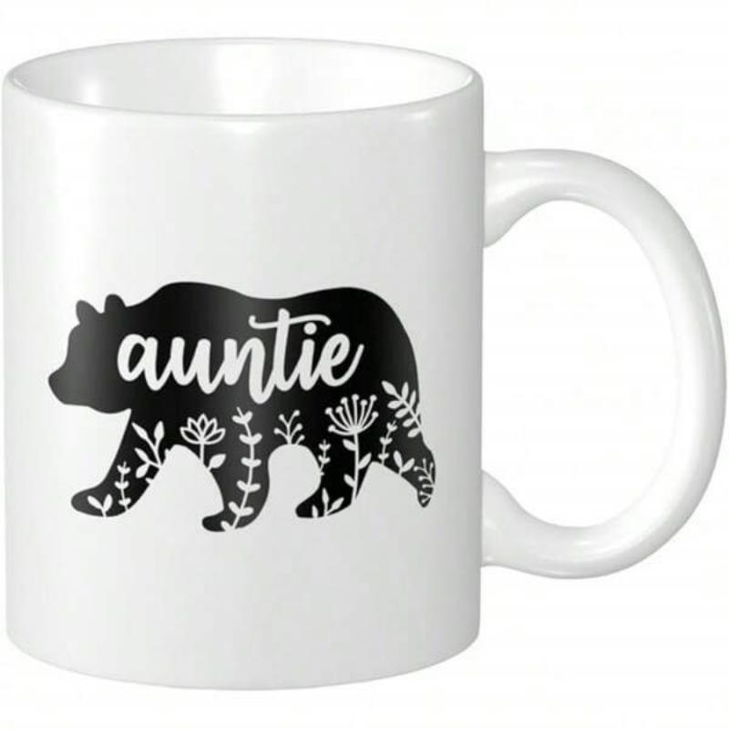 Tailorly White Ceramic 11 oz Mug - Auntie Black Silhouette Featuring Elegant White Wildflowers And Intricate Floral Details Bear