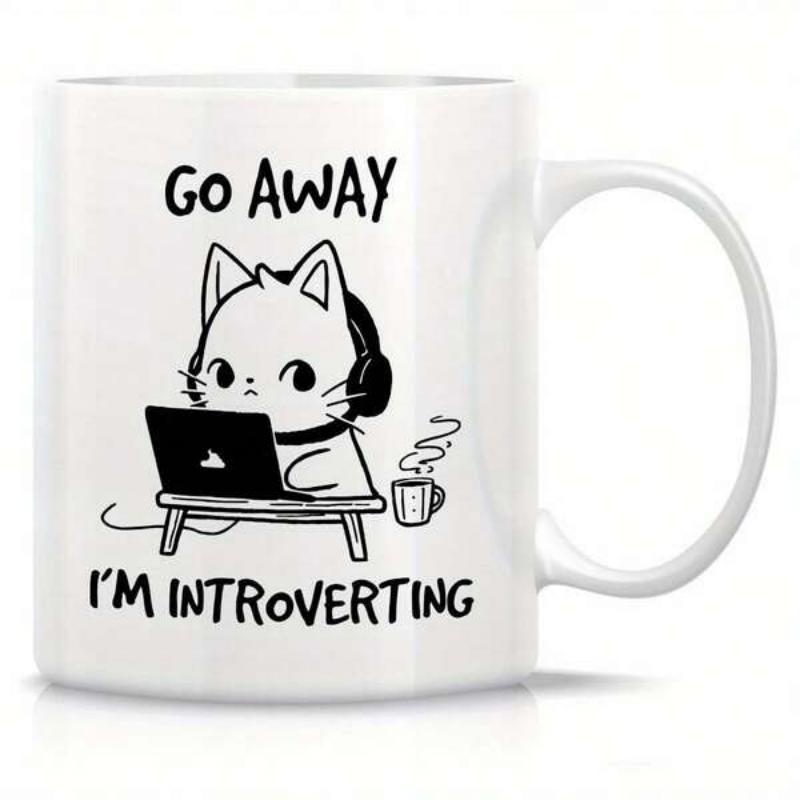Tailorly White Ceramic 11 oz Mug - Go Away Im Introverting Minimalist Cartoon Character Wearing Headphones While Focused On Work Cat