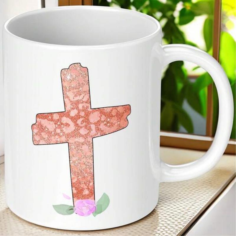 Tailorly White Ceramic 11 oz Mug - Elegant Rose Gold Leopard Print Pattern With Delicate Flowers Cross