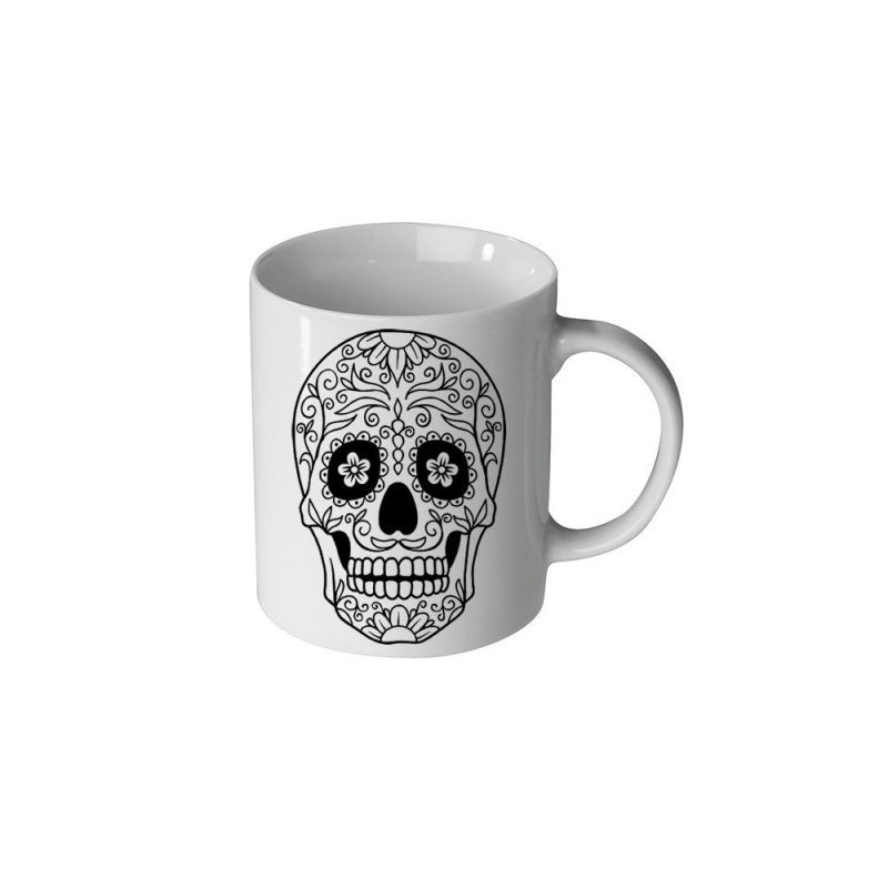 Tailorly White Ceramic 11 oz Mug - Ornate Traditional Mexican Sugar Style With Intricate Floral Line Art Skull