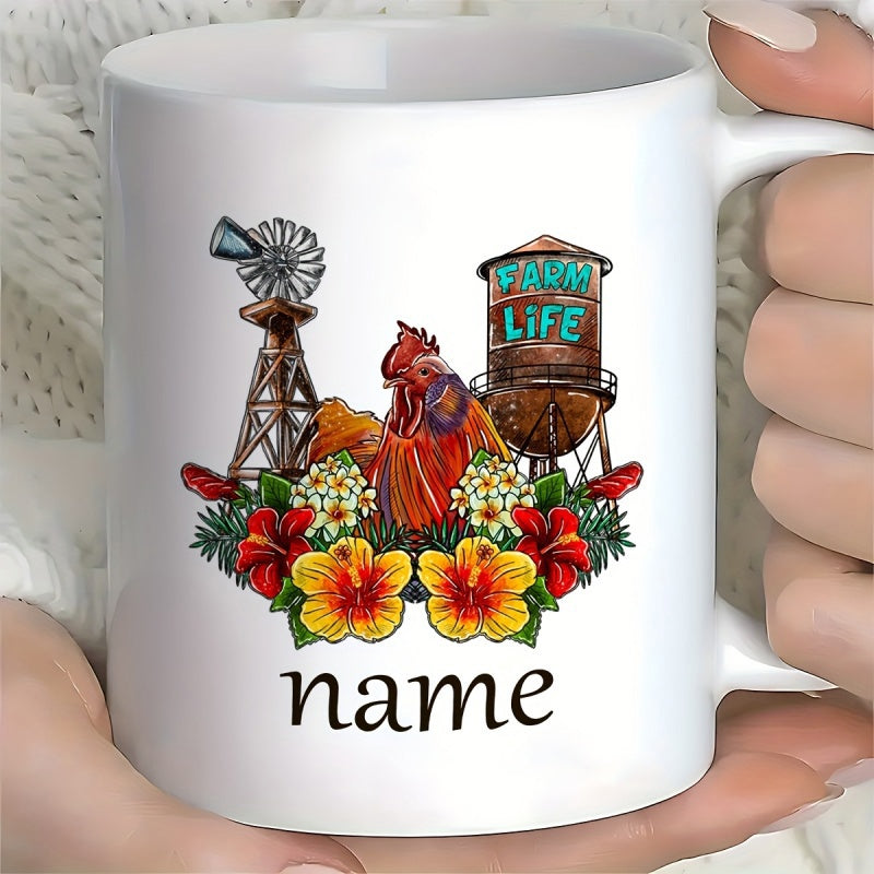 Tailorly White Ceramic 11 oz Mug - Farm Life Rustic Countryside Scenery Featuring A Vibrant Rooster Amidst Blooming Floral Hibiscus Rooster