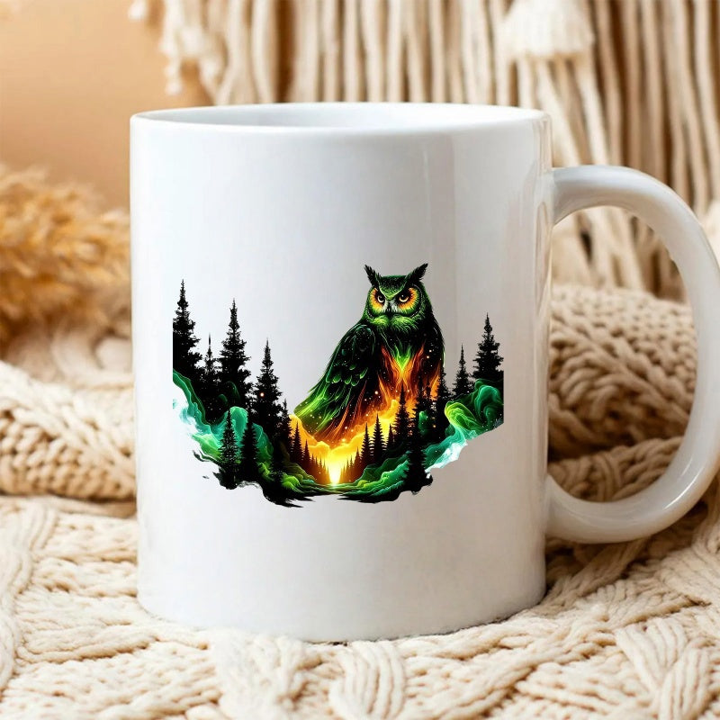 Tailorly White Ceramic 11 oz Mug - Mystical Forest Night Scene With Glowing Pine Trees And Majestic Owl