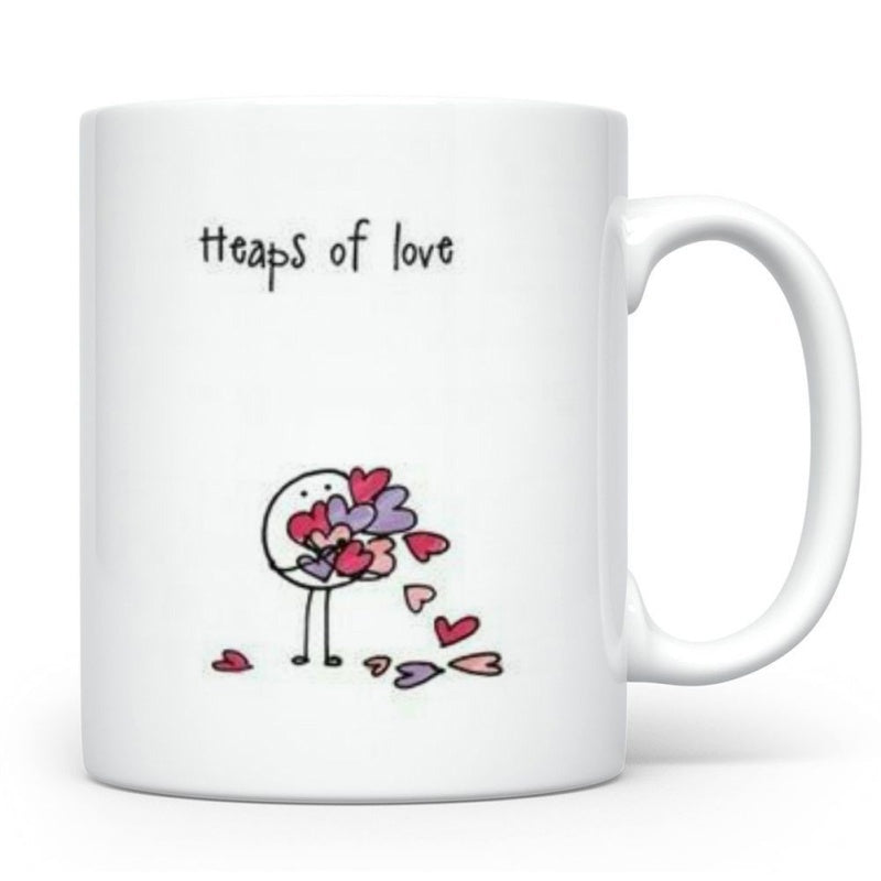 Tailorly White Ceramic 11 oz Mug - Heaps Of Love Simple Minimalist Character Holding Colorful Hearts Falling On The Ground Character
